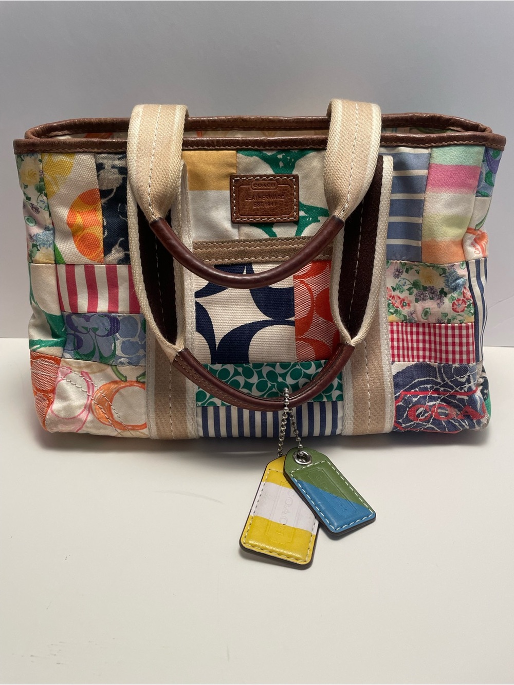 Vintage Coach Hamptons Weekend Patchwork Canvas Tote with Leather Trim